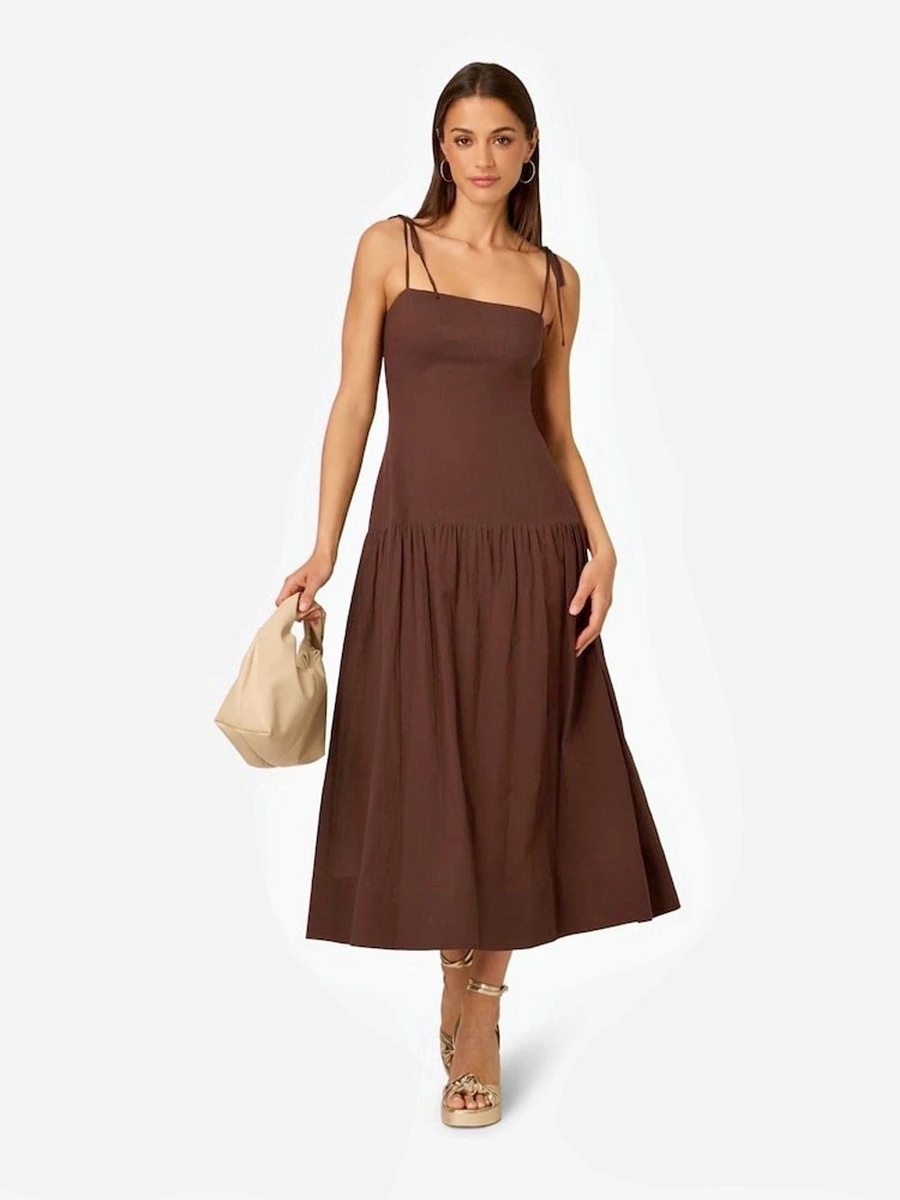 Adrianna Papell Tie Strap Midi Dress Brown Size 6 NWT
